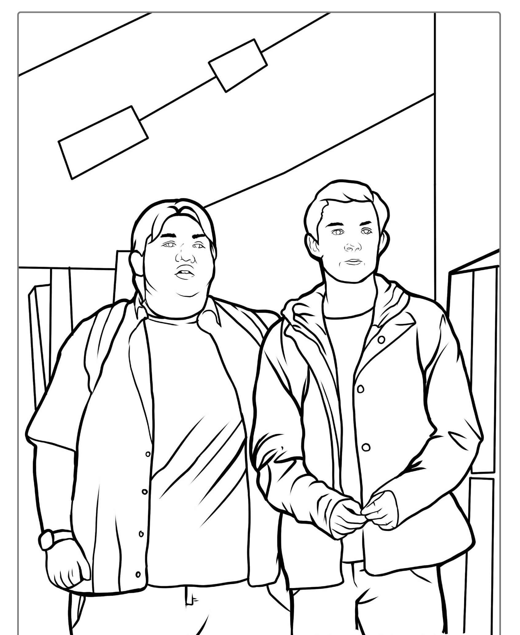 Dois jovens com mochilas, desenho para colorir.