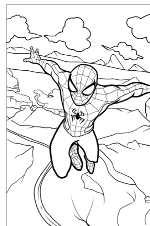 Homem-Aranha voando sobre montanhas para colorir, com grandes nuvens.