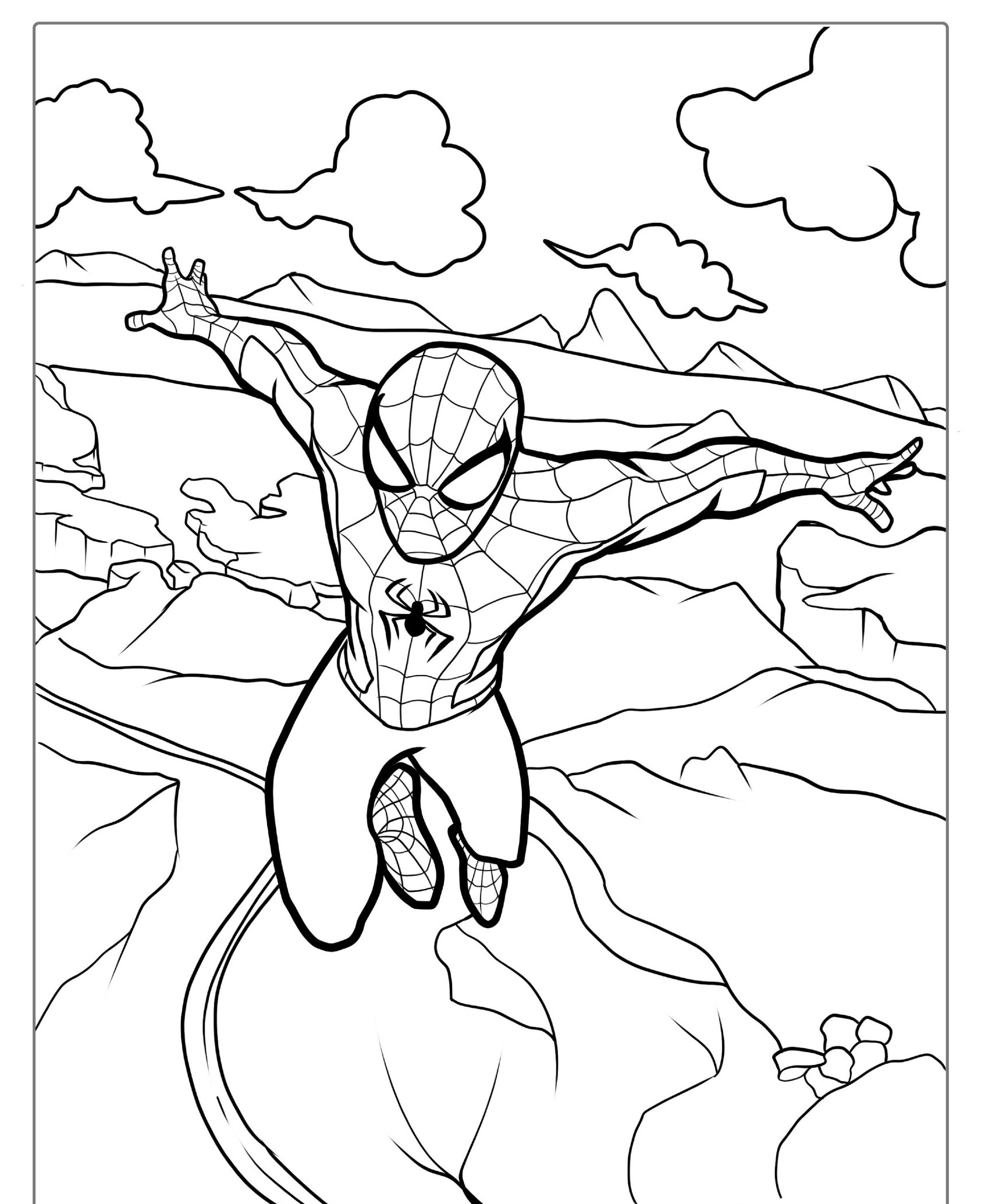 Homem-Aranha voando sobre montanhas para colorir, com grandes nuvens.