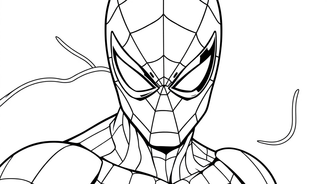 Desenho para colorir do Homem-Aranha, com teias e máscara detalhada.