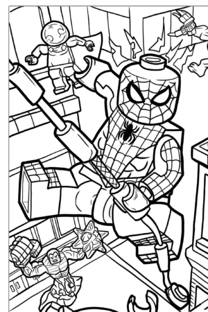 Desenho de super-heróis Lego para colorir, com traços detalhados.