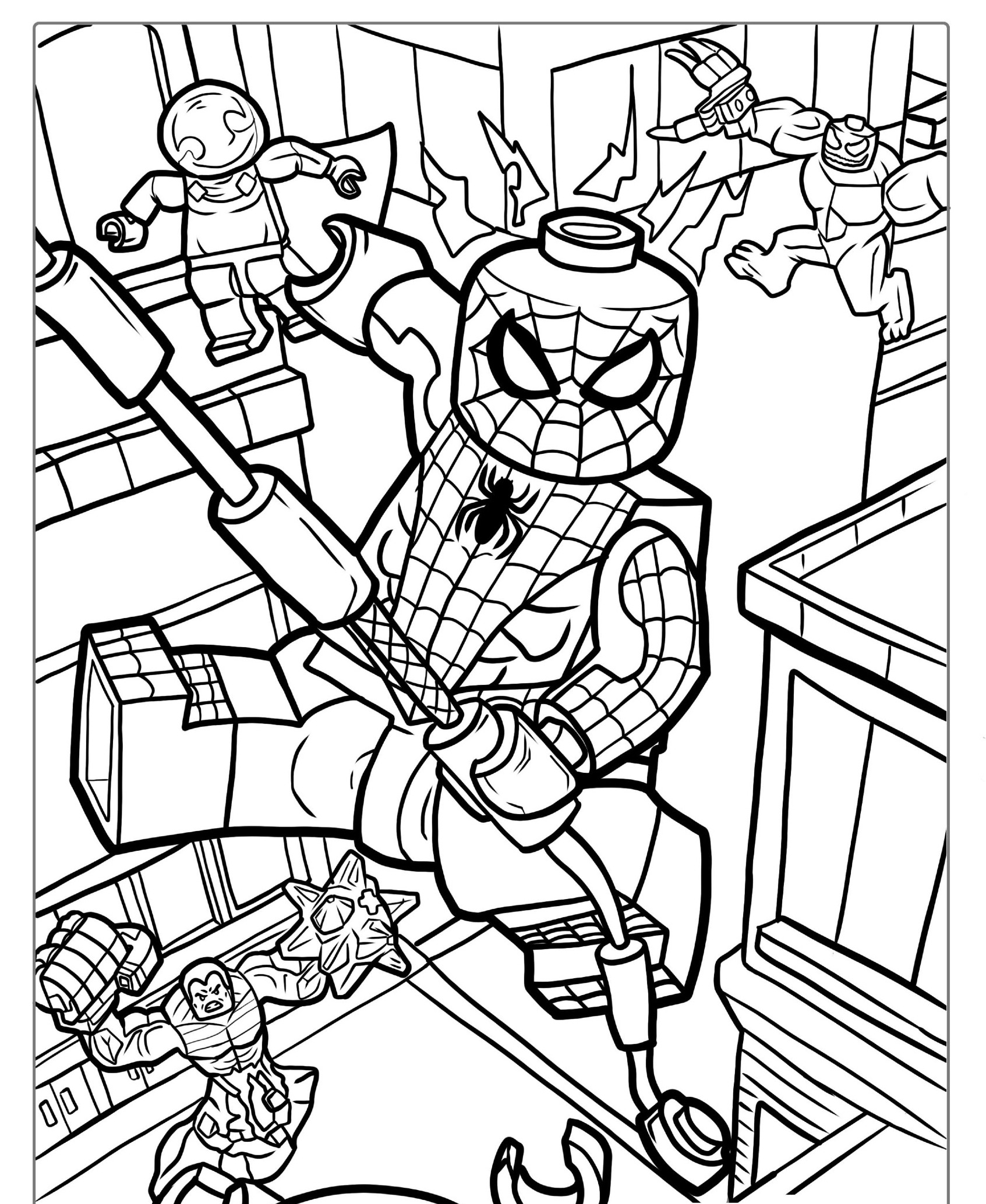 Desenho de super-heróis Lego para colorir, com traços detalhados.