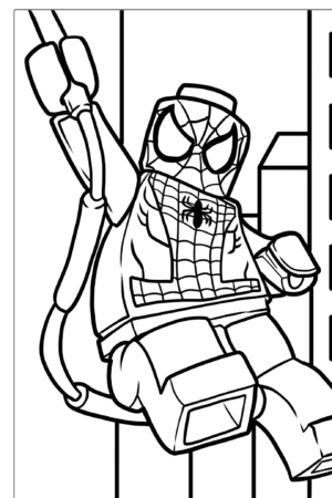 Desenho de Lego Homem-Aranha para colorir; fundo com prédios.