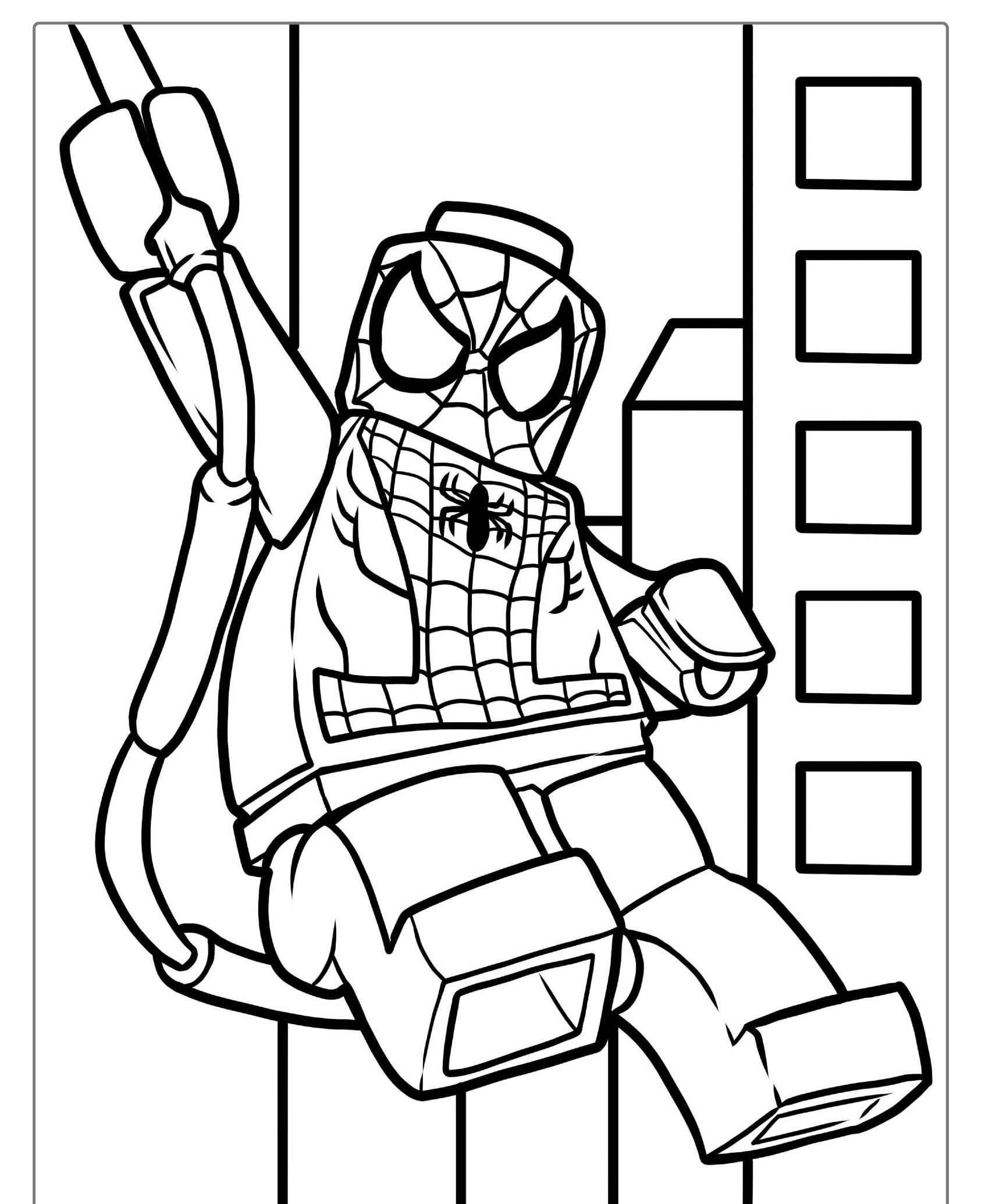 Desenho de Lego Homem-Aranha para colorir; fundo com prédios.