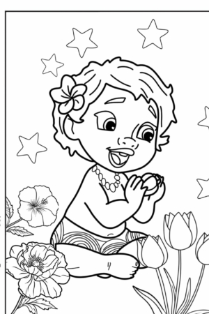 Desenho para colorir da Moana bebê com flores.