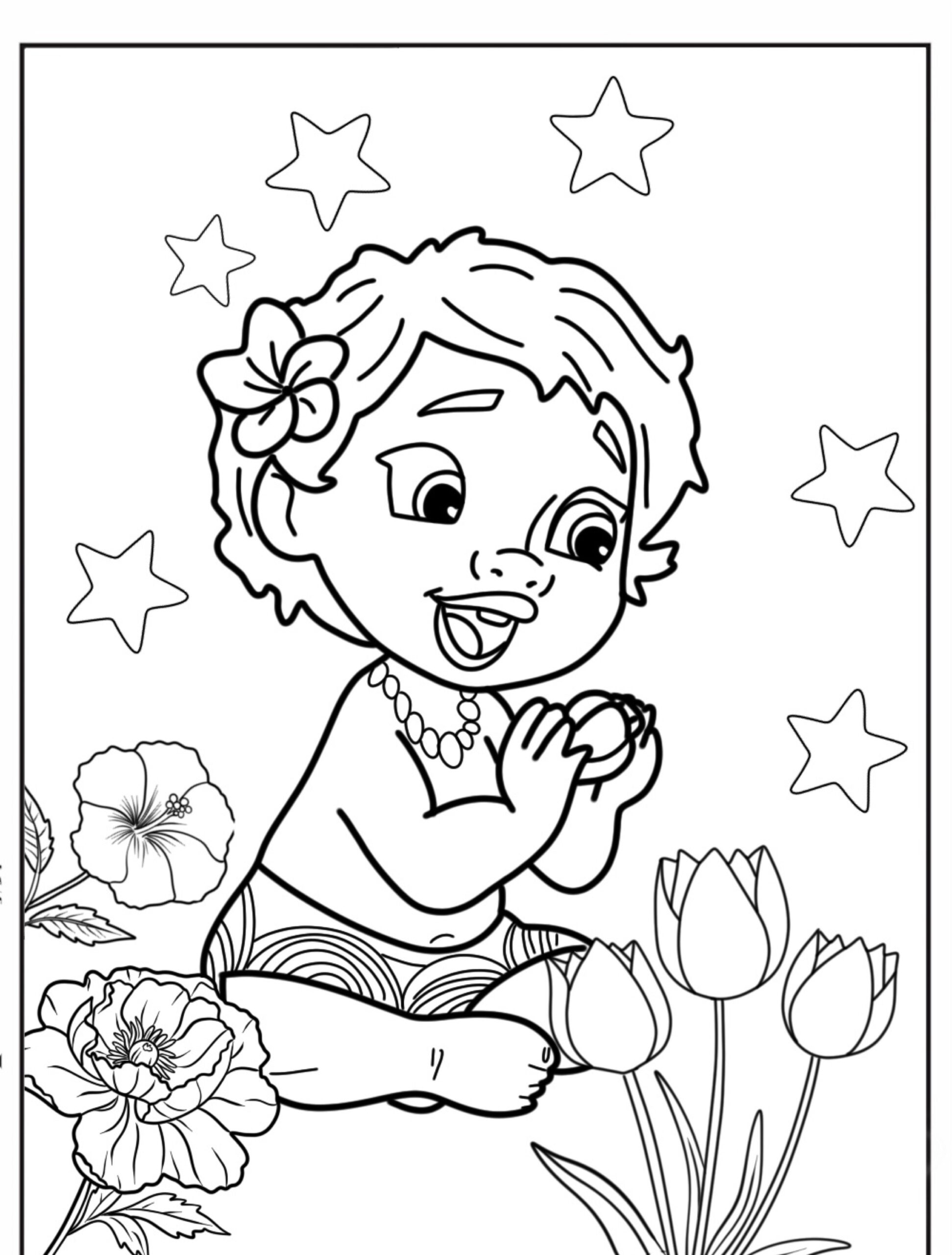 Desenho para colorir da Moana bebê com flores.