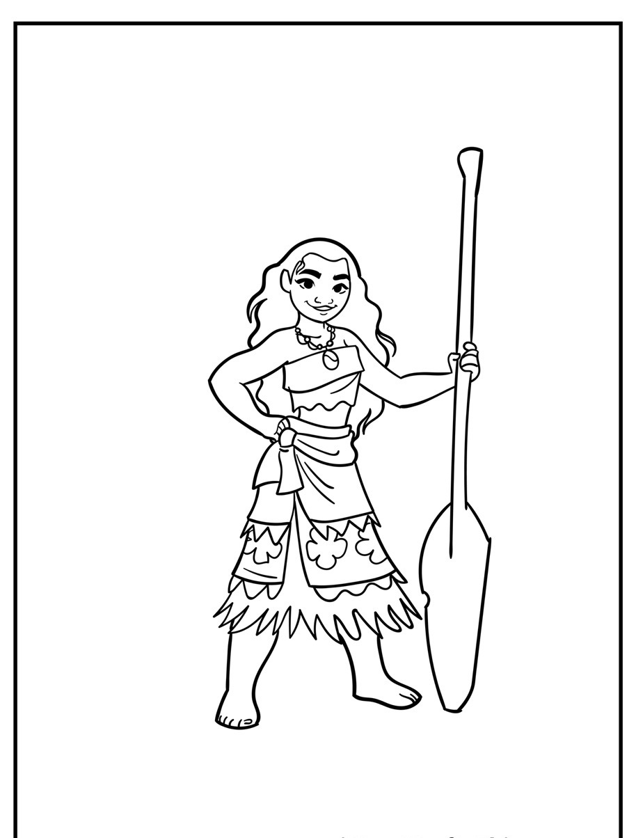 Desenho para colorir da Moana segurando remo.