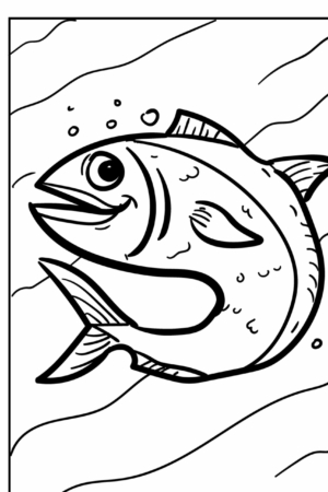 Desenho para colorir de um peixe sorridente na água.