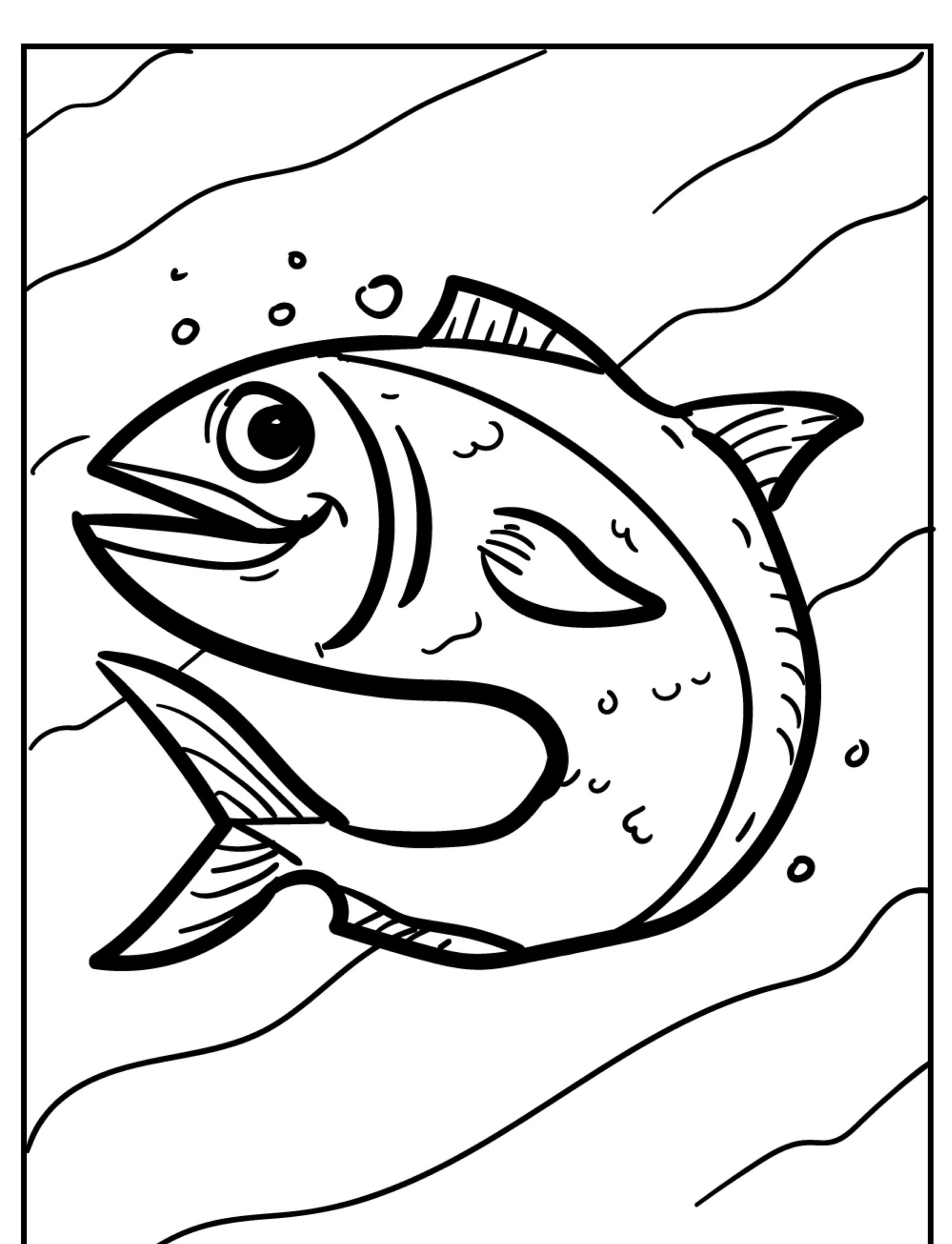 Desenho para colorir de um peixe sorridente na água.