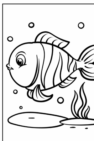 Desenho de peixe sorrindo para colorir, com fundo aquático.