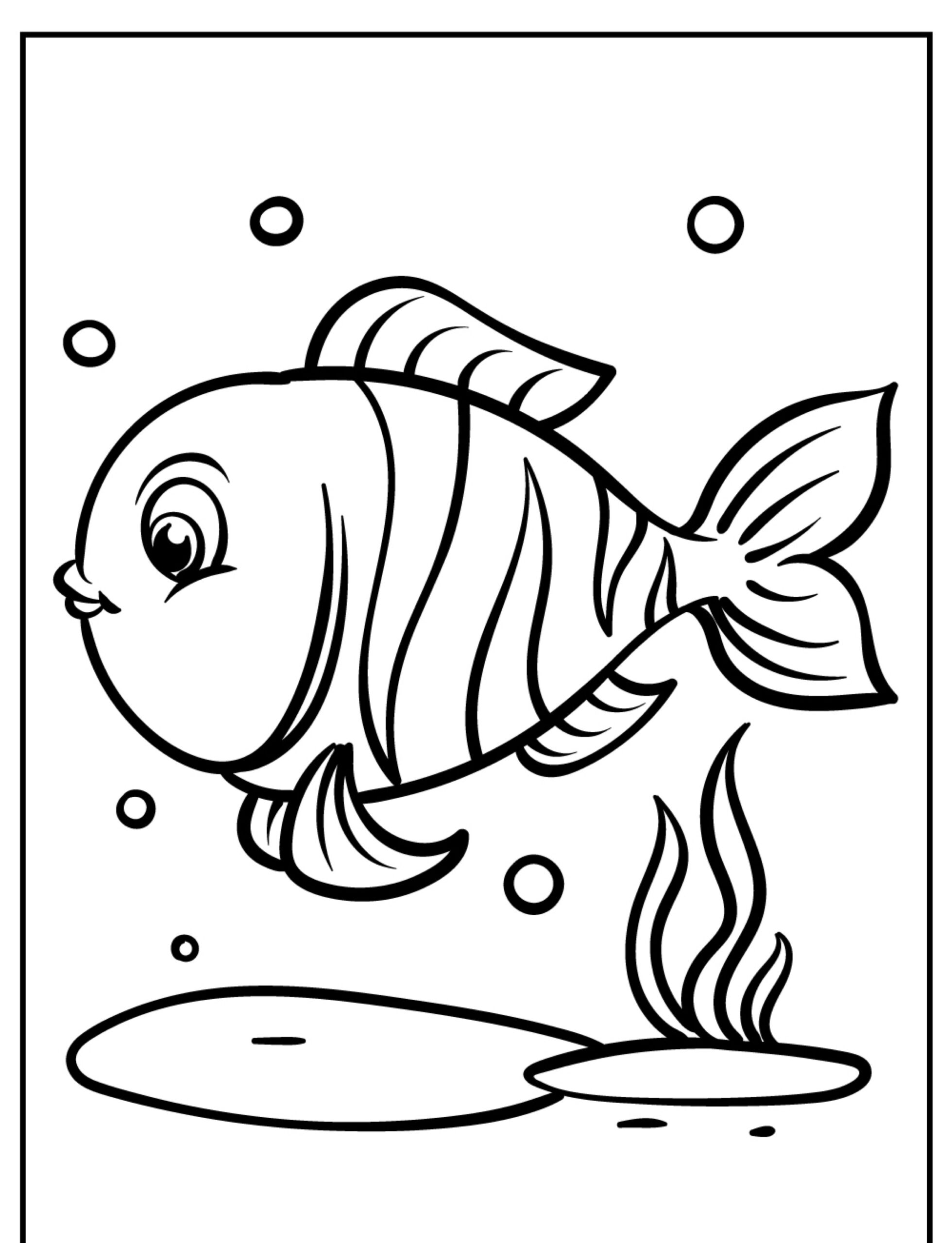 Desenho de peixe sorrindo para colorir, com fundo aquático.