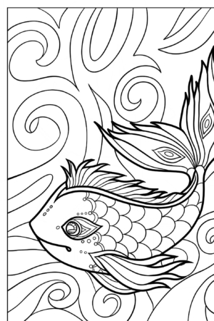 Peixe com cauda detalhada em folhas, para colorir.