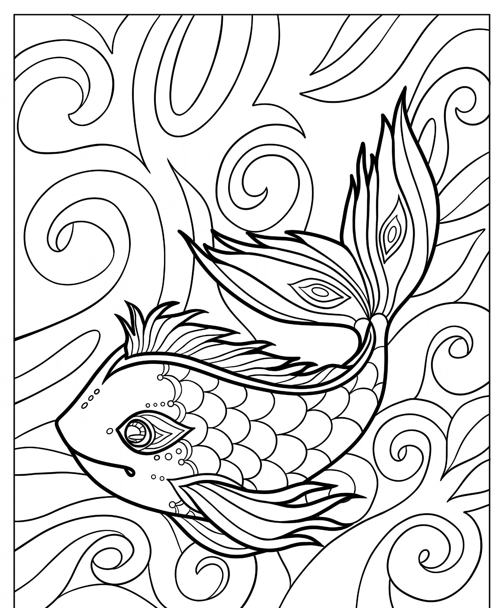 Peixe com cauda detalhada em folhas, para colorir.