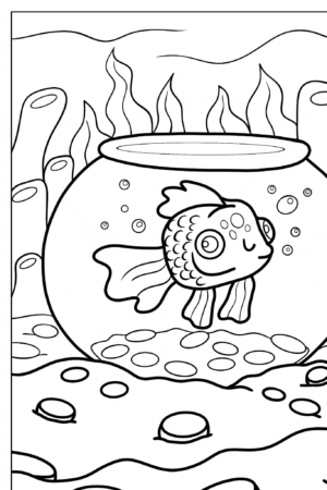 Peixinho em aquário para colorir, sorrindo.