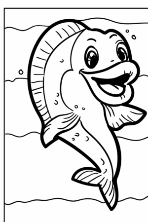 Desenho para colorir de peixe sorridente com grandes olhos.