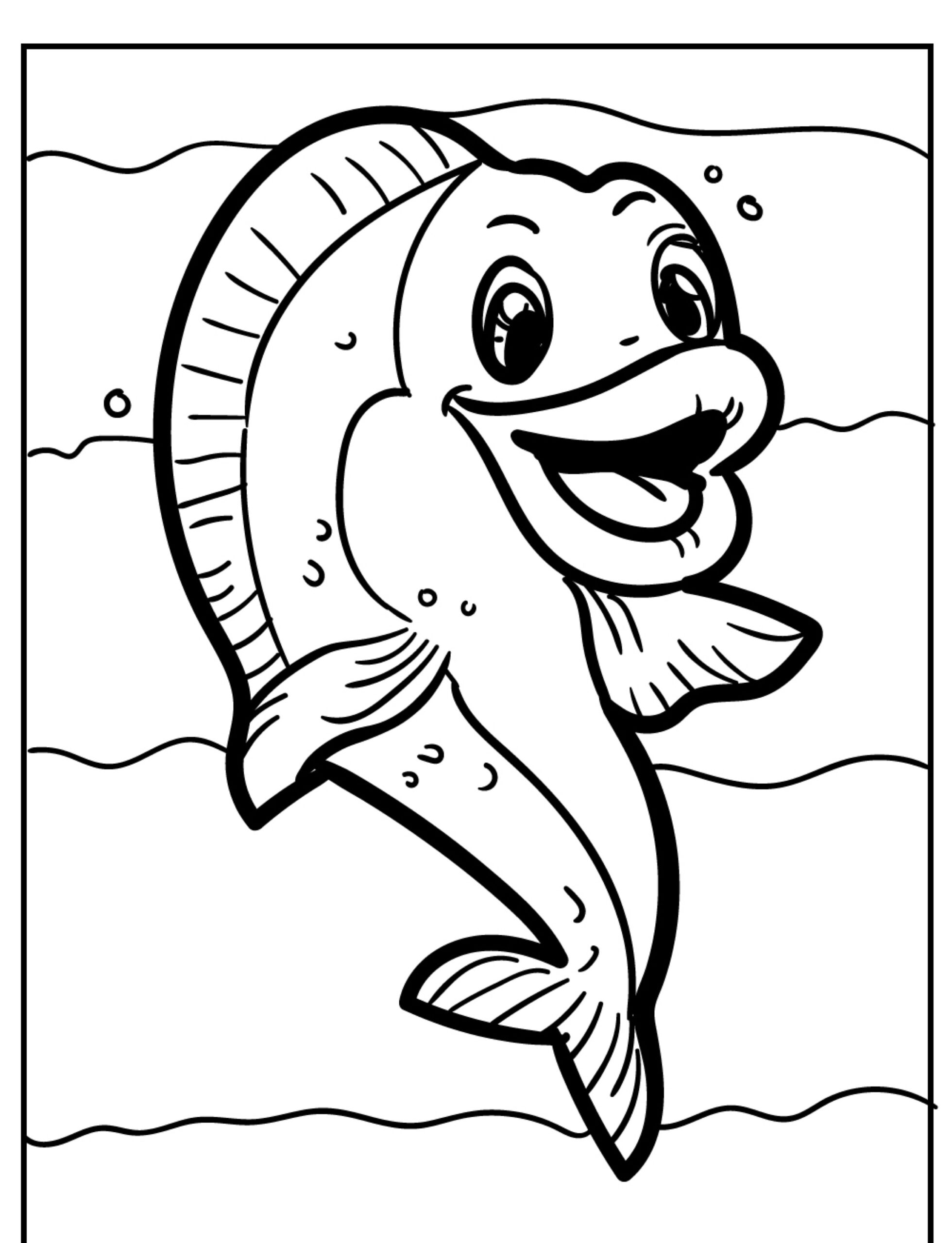 Desenho para colorir de peixe sorridente com grandes olhos.