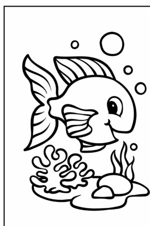 Desenho para colorir de peixe sorrindo com bolhas.