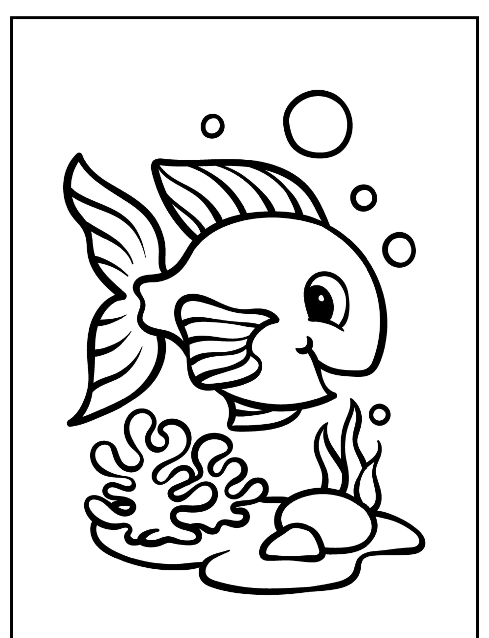 Desenho para colorir de peixe sorrindo com bolhas.