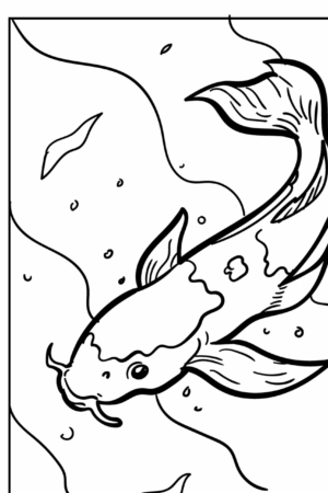 Desenho de um peixe koi para colorir, com detalhes nas nadadeiras.