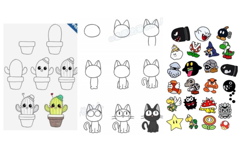 Guias de desenho e adesivos: cacto em um vaso, gato em várias poses e personagens de desenho animados coloridos com expressões variadas. Desenhos para desenhar inclui instruções passo a passo para torná-lo fácil para iniciantes.