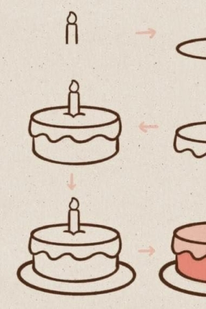 Tutorial de desenho passo a passo de um bolo de aniversário com uma vela acesa no topo, perfeito para quem quer aprender desenho esse tipo de arte.