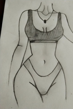 Esboço do torso de uma mulher usando um biquíni e um colar. O desenho, ou "desenho", é meticulosamente feito em preto e branco.