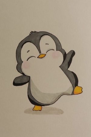 Um pinguim de desenho animado fofo e alegre com corpo cinza e branco, bico laranja e pés, parece estar dançando. Perfeito para fãs de desenho!