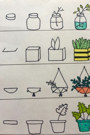 Um esboço de vários recipientes de plantas em prateleiras, incluindo jarras, potes e vasos pendurados, alguns com plantas. Os desenhos capturam detalhes intrincados que dão vida a cada item.