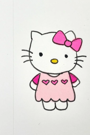 Gato de desenho animado com um laço rosa e vestido com formas de coração, em pé com as patas para fora, perfeito para quem gosta de desenhos adoráveis.