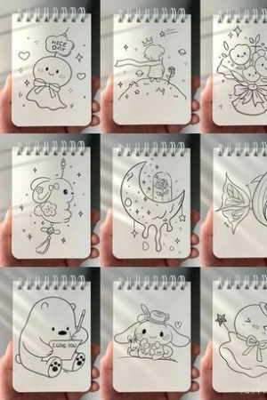 Esboços em blocos de notas: personagens fofos, luas, estrelas, animais e frases como "Eu te amo" e "Bom dia" — tudo parte da coleção caprichosa de desenhos do Desenhar.