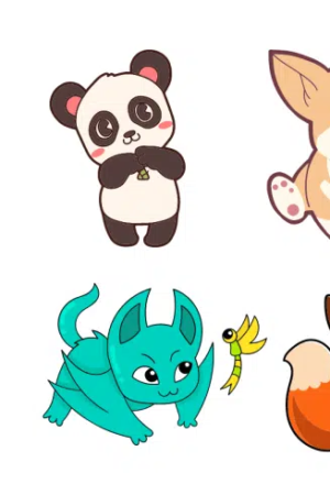 Um desenho com um panda, um corgi, um gato branco, um morcego azul com um pássaro amarelo, uma raposa vermelha e uma preguiça marrom, tudo em um estilo de desenho animado fofo. Esses desenhos adoravelmente ilustrados dão vida a cada personagem encantador.