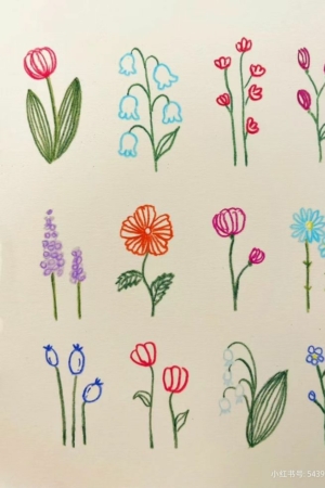 Um desenho vibrante de várias flores coloridas, incluindo tulipas, lírios do vale, margaridas e mais flores com folhas verdes. O desenho captura lindamente a essência de cada flor.