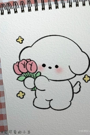 Um desenho fofo de uma criatura pequena e fofa segurando flores rosas, cercada por estrelas amarelas, em uma página de caderno pautada.