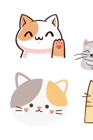 Seis gatos de desenho animado com várias expressões e poses, incluindo acenando, dormindo, sorrindo, calmo, relaxado e segurando uma xícara. Perfeito para quem ama desenhar ou curte desenhos caprichosos.