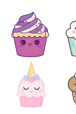 Seis cupcakes fofos em estilo cartoon, cada um com cobertura, cores e expressões faciais diferentes, fazem parte desses desenhos adoráveis.