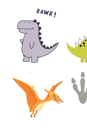 Desenhos fofos e coloridos de dinossauros de desenho animado, incluindo um T-Rex, um Braquiossauro, um Triceratops, um Pterodáctilo, um Estegossauro e pegadas de dinossauros.