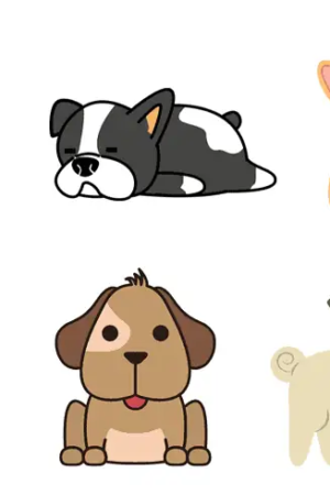 Ilustração de seis cães de desenho animado, incluindo um cão preto e branco dormindo, um corgi sentado, um cão sorridente, um cão marrom, um pug e um cão com óculos de sol — perfeito para 89 Desenhos Para Desenhar.