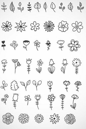 Vários desenhos feitos à mão de flores e folhas pretas e brancas dispostas em fileiras sobre um fundo branco.