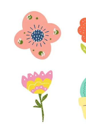 Uma coleção de desenhos de flores fofos e ilustrados: uma flor de abelha, uma flor vermelha, flores em vasos, uma flor rosa, um cacto e tulipas. Perfeito para quem ama desenhar ou aprecia desenhos adoráveis.