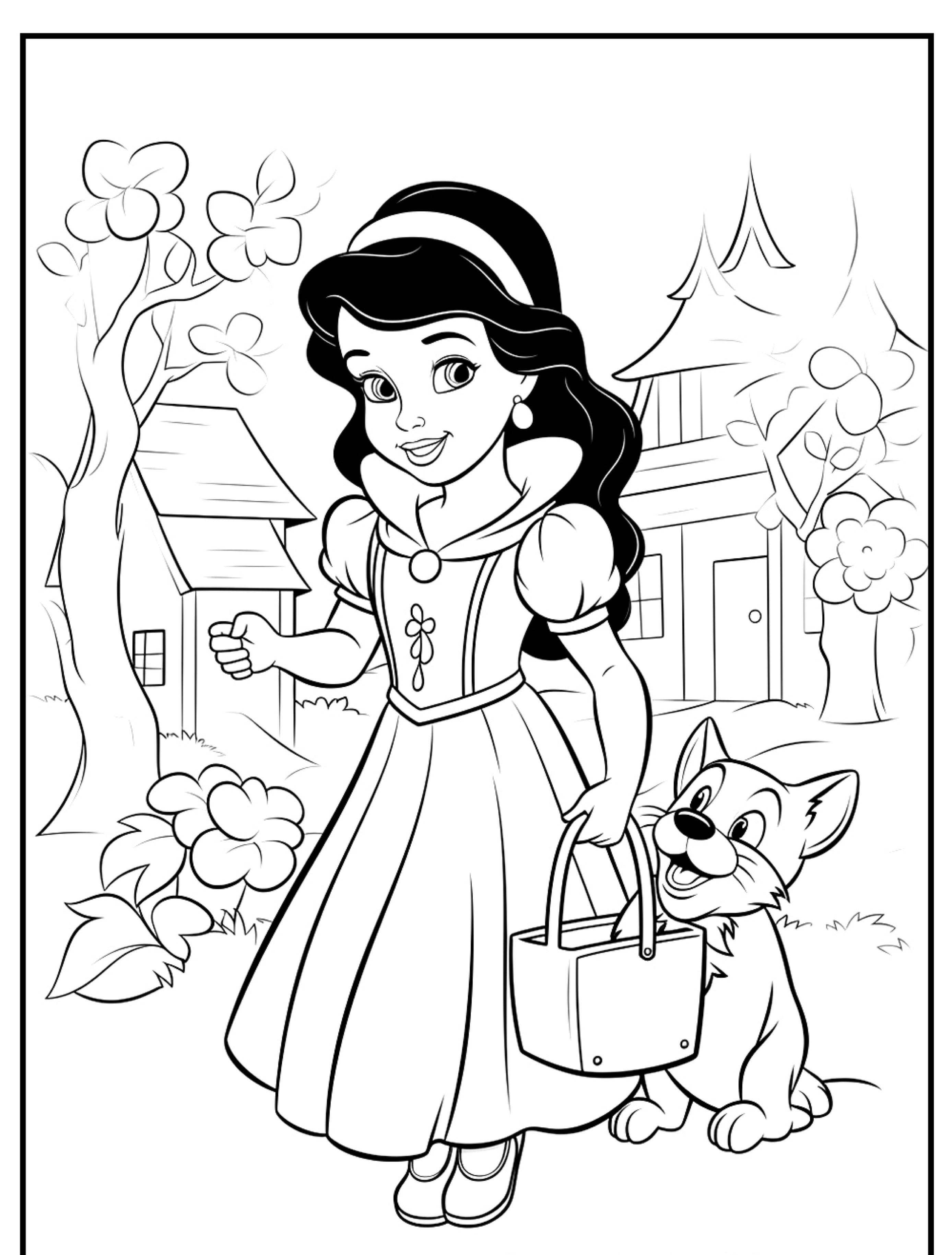 Garota de desenho animado com cabelos longos segurando uma cesta, caminhando com um cachorro sorridente em uma vila com árvores e casas, que lembra Branca de Neve para colorir.