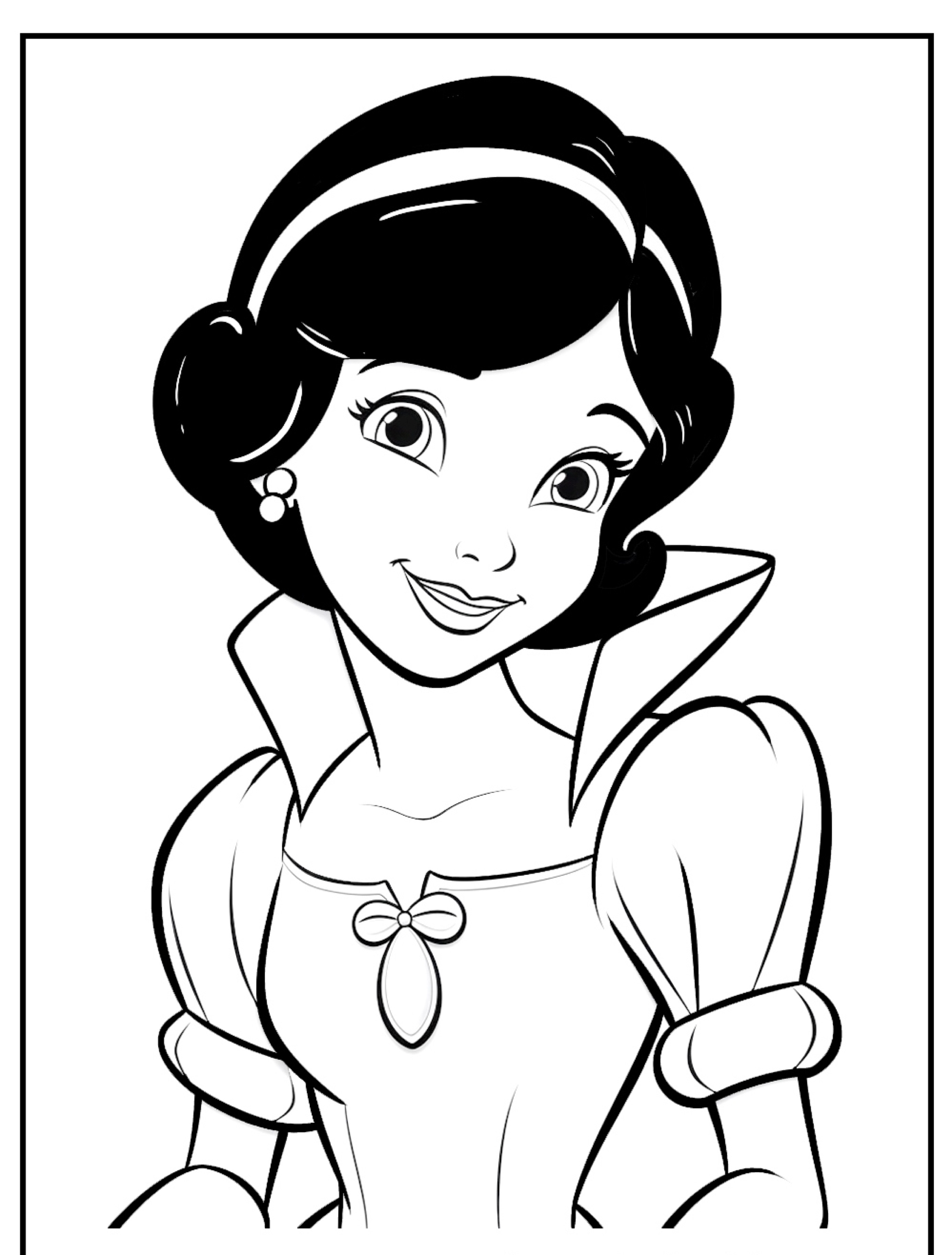 Página para colorir em preto e branco de uma princesa sorridente parecida com Branca de Neve, com cabelo curto e escuro, uma faixa na cabeça e um vestido com mangas bufantes. Ideal para crianças colorirem.
