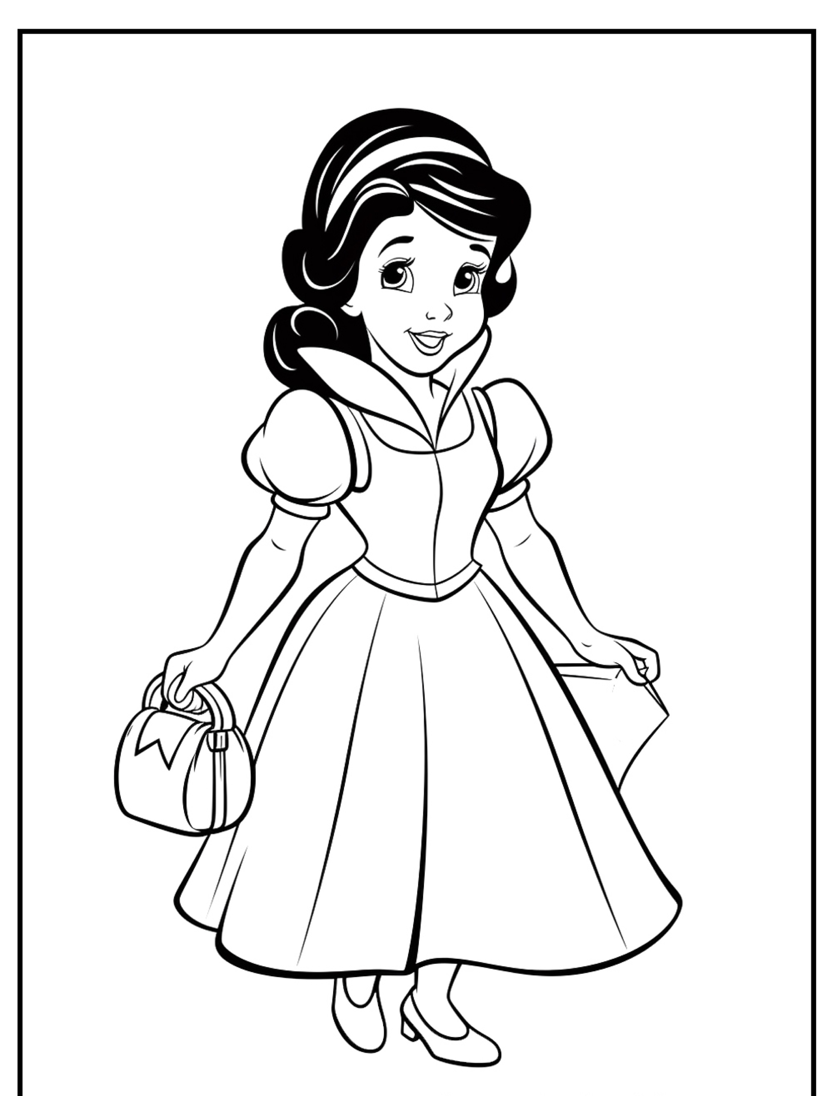 Um desenho em preto e branco de uma princesa em um vestido, segurando uma bolsa e uma carta, sorrindo e graciosamente parada como Branca de Neve. Perfeito para crianças colorirem.