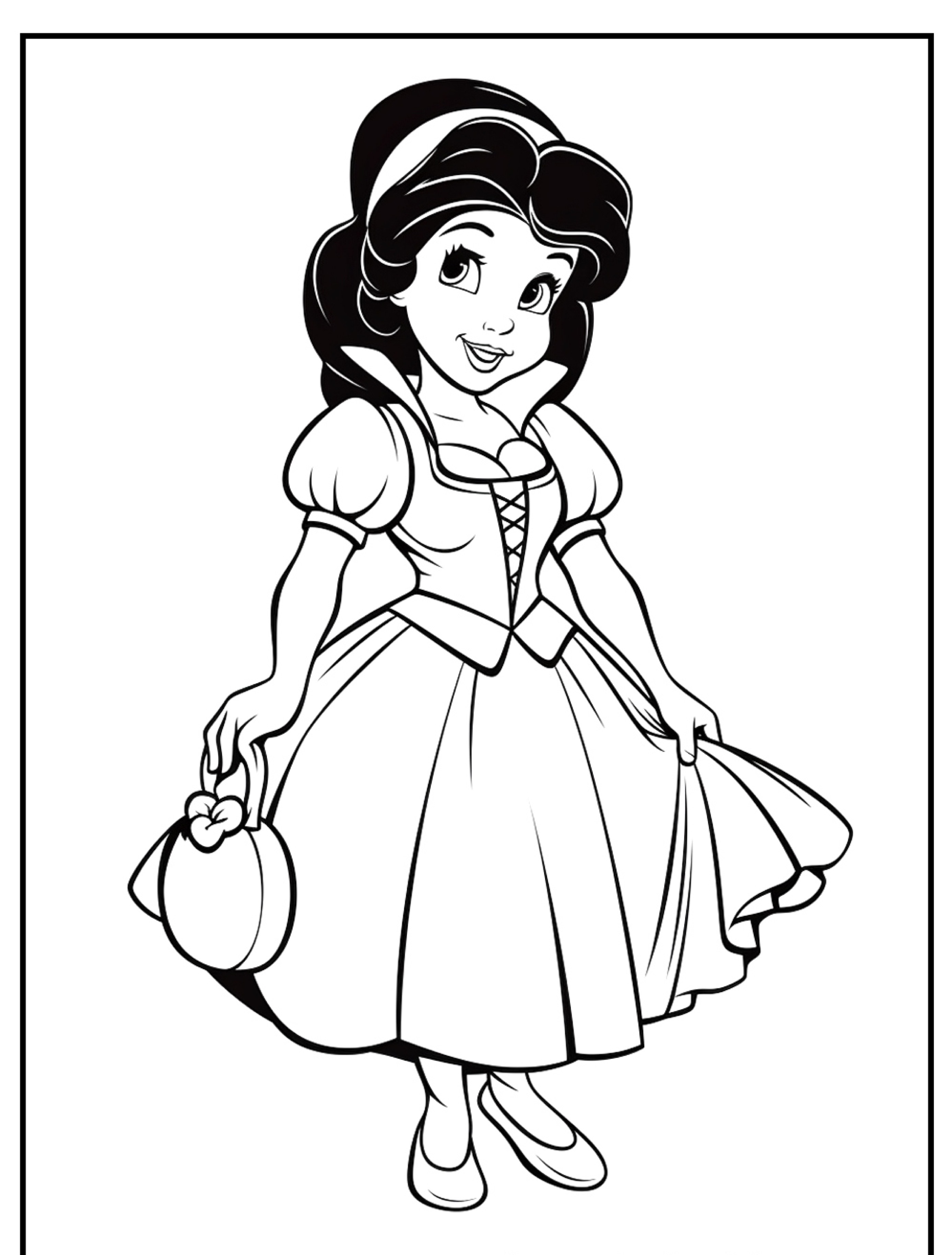 Página para colorir em preto e branco de uma princesa, que lembra Branca de Neve, segurando seu vestido e uma bolsa, sorrindo e em pé com um pé à frente.