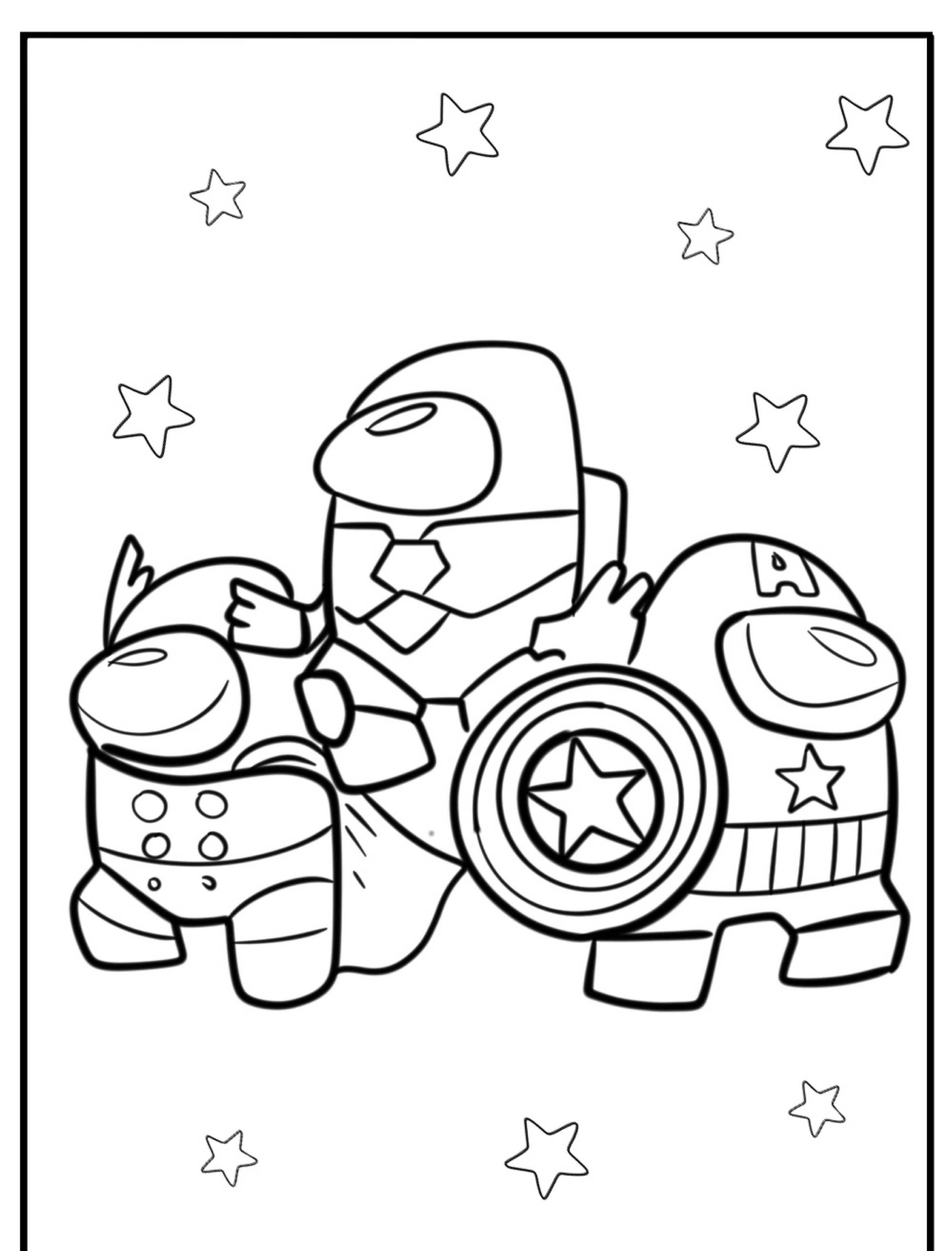 Três personagens de desenhos animados vestidos como super-heróis estão juntos em meio às estrelas nesta página para colorir Desenhos Among Us, perfeita para os entusiastas colorirem.