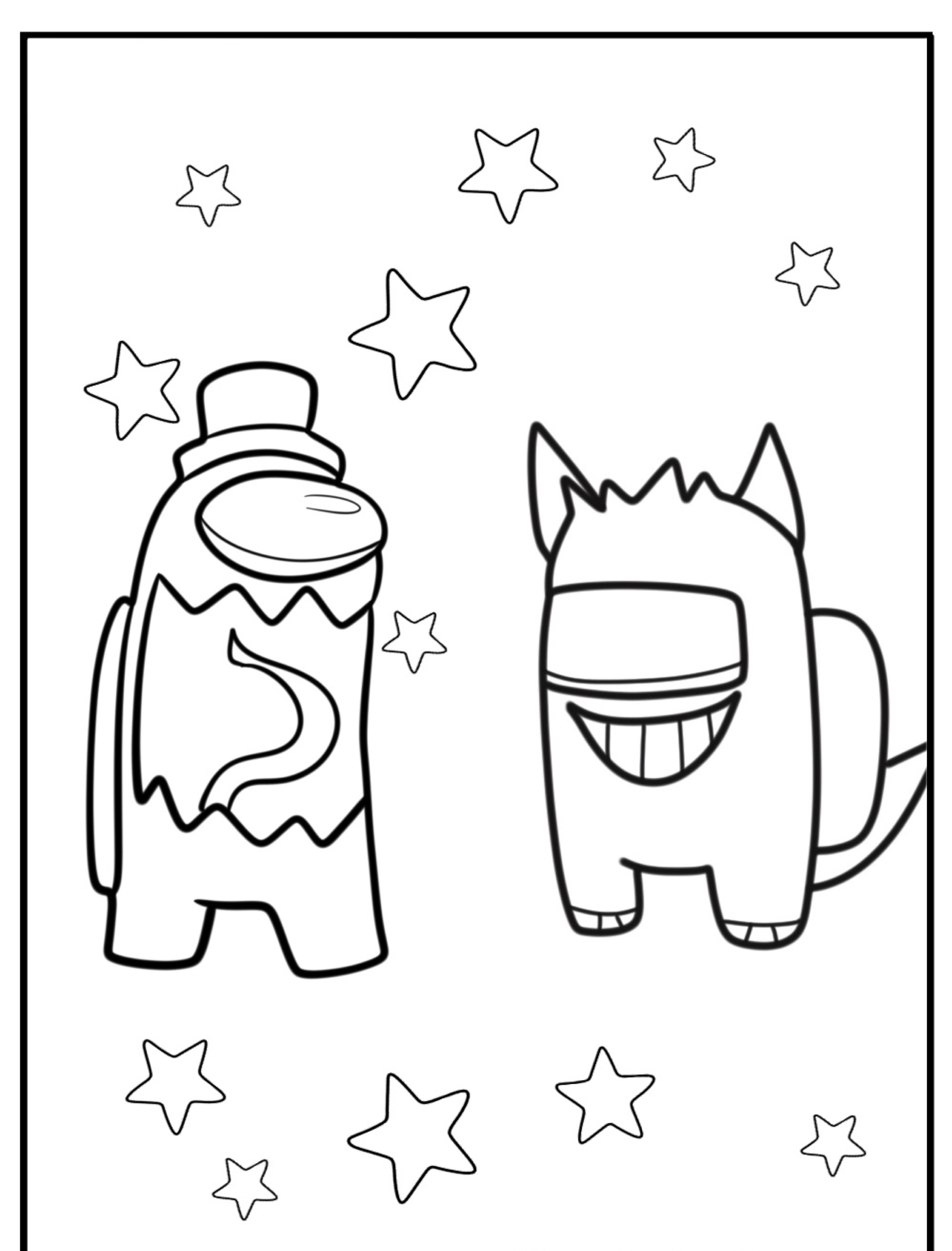 Dois personagens de Among Us com chapéus e acessórios exclusivos, parados entre estrelas espalhadas em um estilo de desenho linear perfeito para colorir.