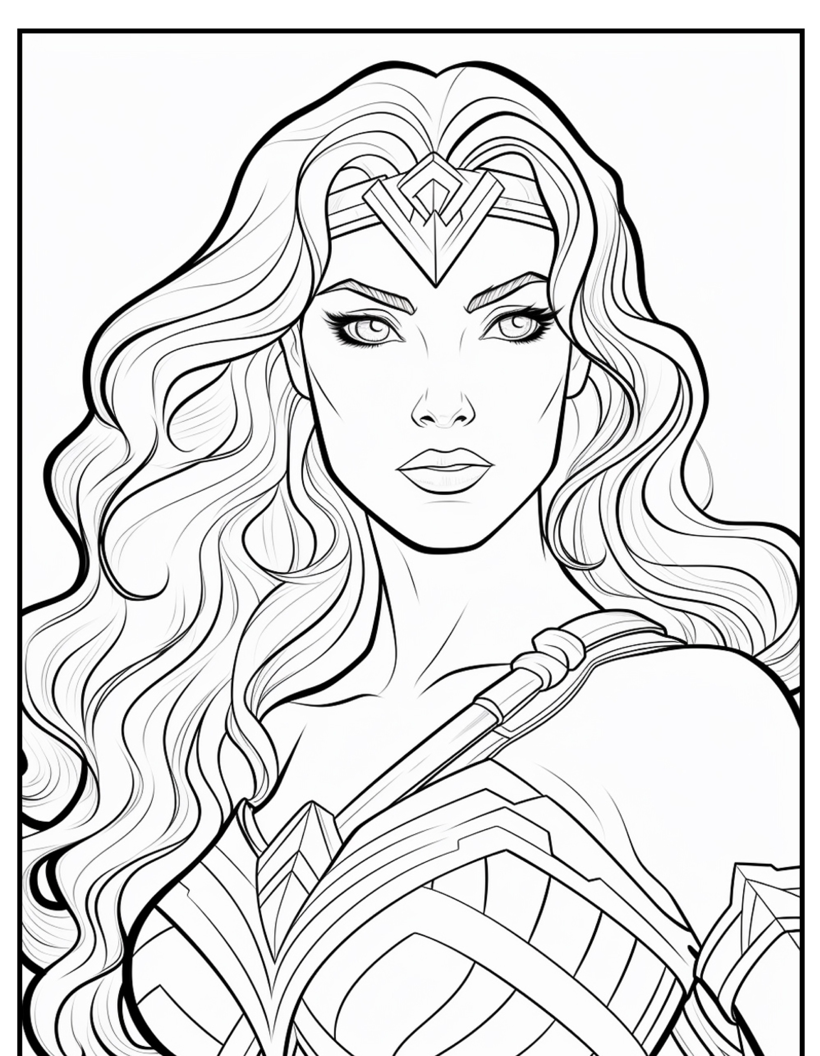 Ilustração em preto e branco de uma super-heroína forte e confiante, com cabelos longos e soltos e uma tiara, que lembra a Mulher Maravilha, perfeita para desenhos para colorir.