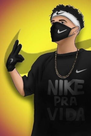 Ilustração de uma pessoa usando uma máscara preta, luvas e camisa com uma faixa da Nike, posando com as mãos para cima contra um fundo amarelo. A cena vibrante captura o espírito lúdico da Cria e exibe Desenhos cheios de vida e cor.