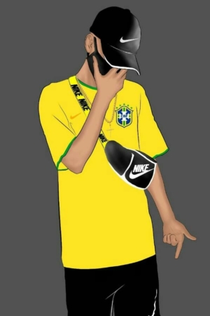 Ilustração de uma pessoa com camisa amarela do Brasil, boné da Nike e bolsa tiracolo, cobrindo o rosto com uma das mãos; a cena ganha vida com detalhes e desenhos vibrantes.