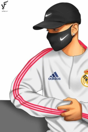 Ilustração de uma pessoa com boné e máscara facial, vestindo uma jaqueta do Real Madrid com as marcas Adidas e Nike, exemplificando desenhos complexos.