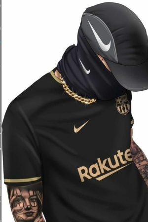 Ilustração de uma pessoa com um boné e máscara pretos da Nike, vestindo uma camisa preta do Barcelona FC com detalhes dourados. O design intrigante traz um toque único ao vestuário esportivo moderno, criando uma mistura artística que se destaca tanto na moda quanto na funcionalidade.